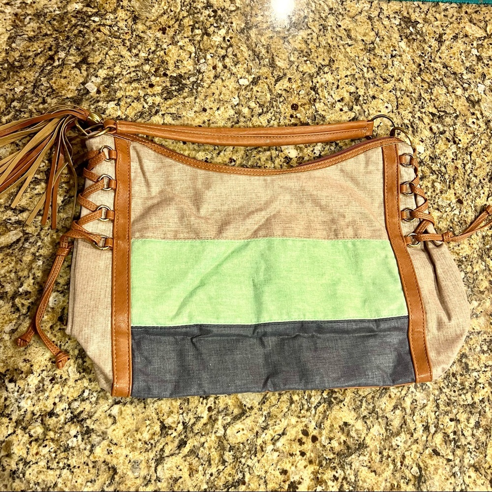Twiggy London Overnight Tote Bag Blue Green Grey Stripe, Laced Sides Tassel Zip